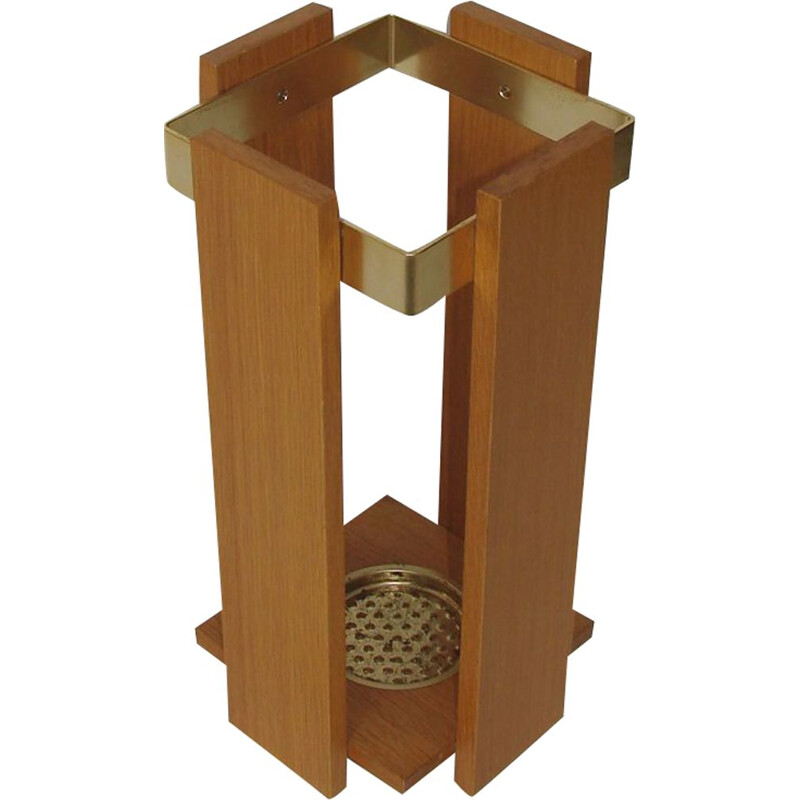 Vintage umbrella holder in wood and brass-plated aluminium 1960