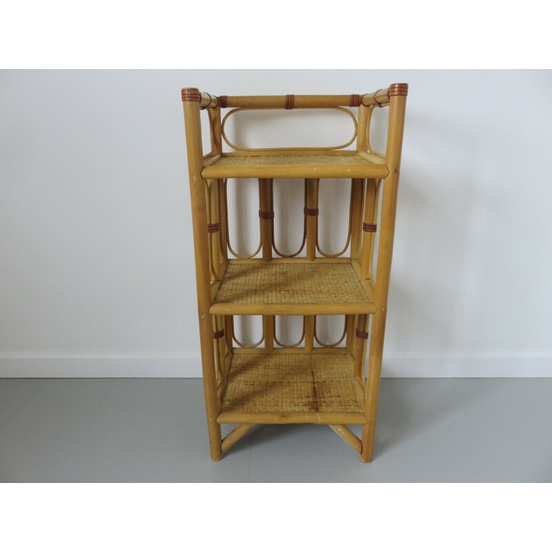 Vintage rattan, leather and bamboo shelf 1960