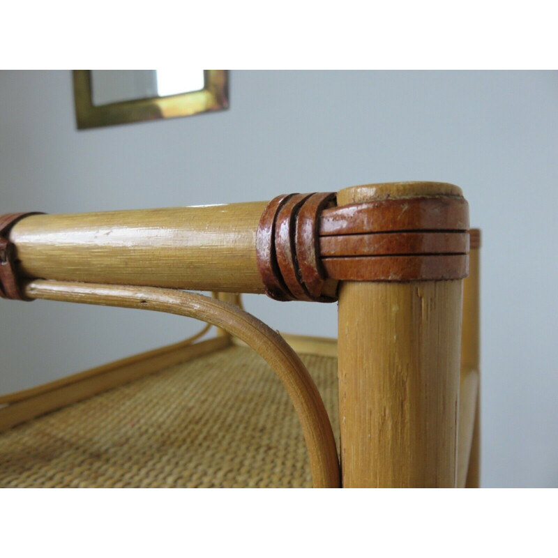 Vintage rattan, leather and bamboo shelf 1960