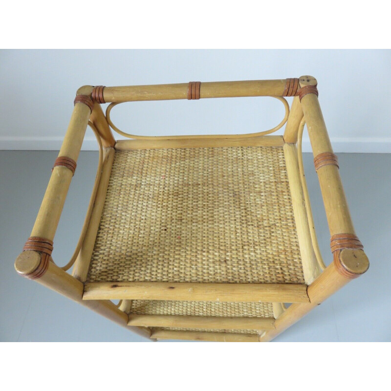 Vintage rattan, leather and bamboo shelf 1960