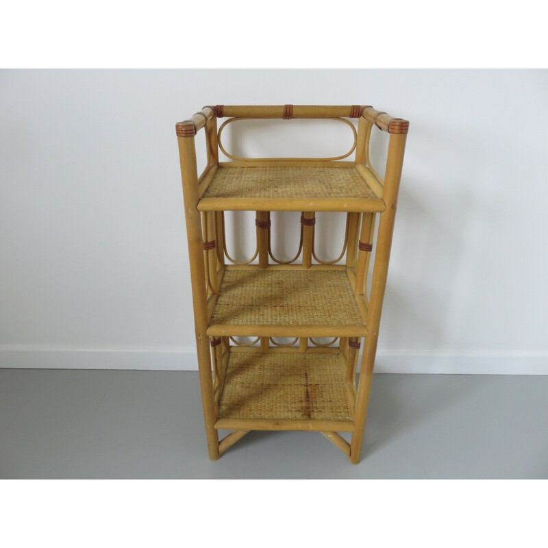 Vintage rattan, leather and bamboo shelf 1960