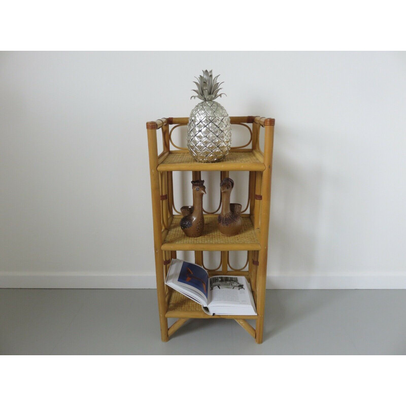 Vintage rattan, leather and bamboo shelf 1960