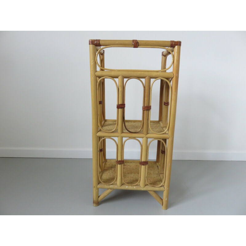 Vintage rattan, leather and bamboo shelf 1960