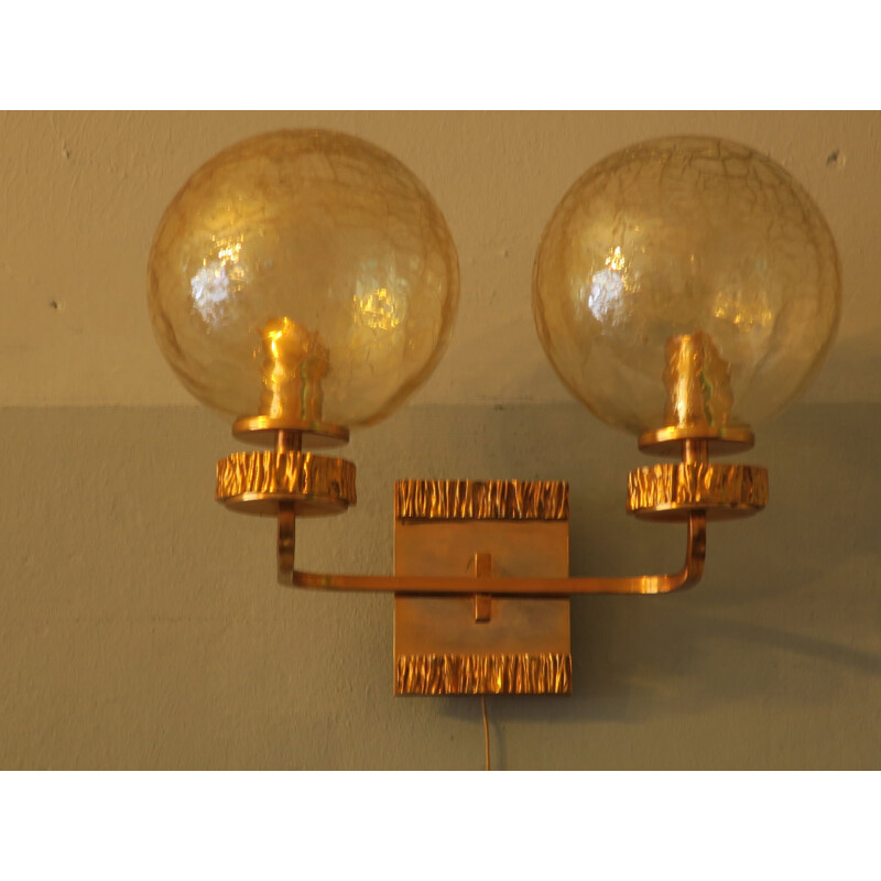Vintage Wall Light with Gold Overlay, Angelo Brotto for Isperia Brass and Glass Double 1970