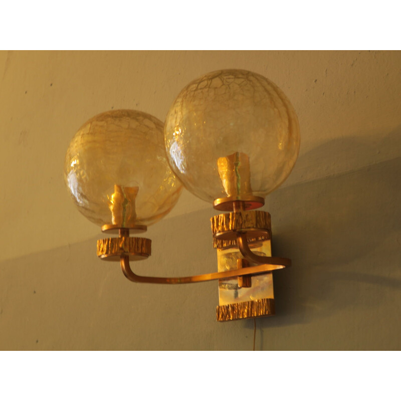 Vintage Wall Light with Gold Overlay, Angelo Brotto for Isperia Brass and Glass Double 1970