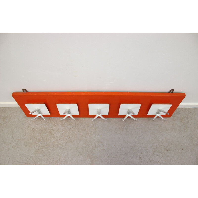 Vintage orange coat rack with 5 white hooks 1960