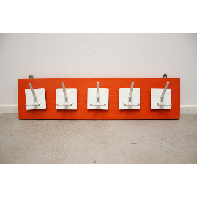 Vintage orange coat rack with 5 white hooks 1960