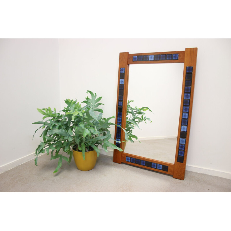 Vintage Mirror with Blue tiles inlaid Teak Danish 1970