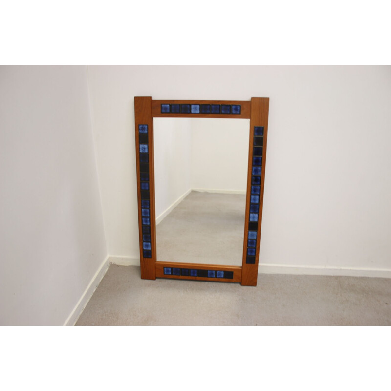 Vintage Mirror with Blue tiles inlaid Teak Danish 1970