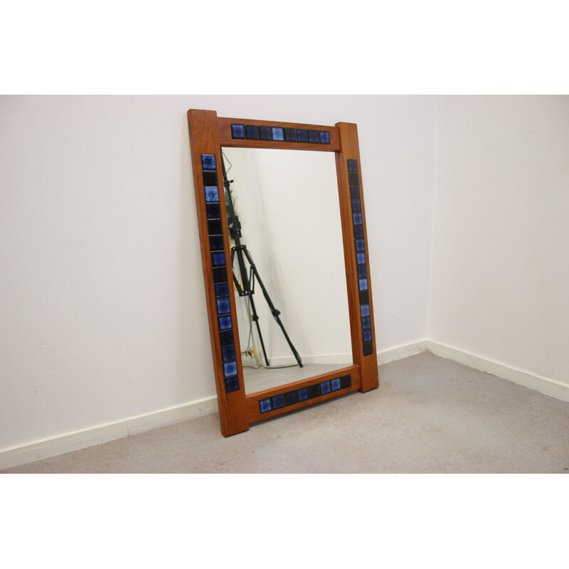 Vintage Mirror with Blue tiles inlaid Teak Danish 1970