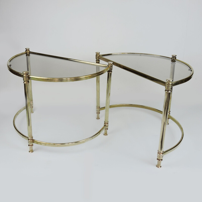 Pair of Vintage Semi Circle Brass Side Tables, Hollywood Regency 1970s