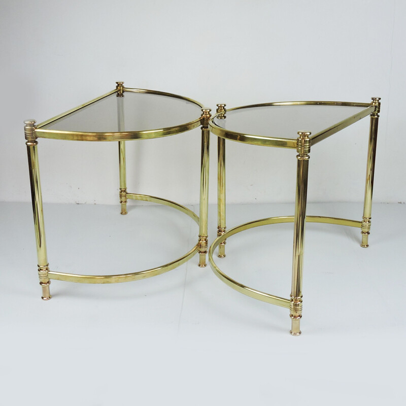 Pair of Vintage Semi Circle Brass Side Tables, Hollywood Regency 1970s