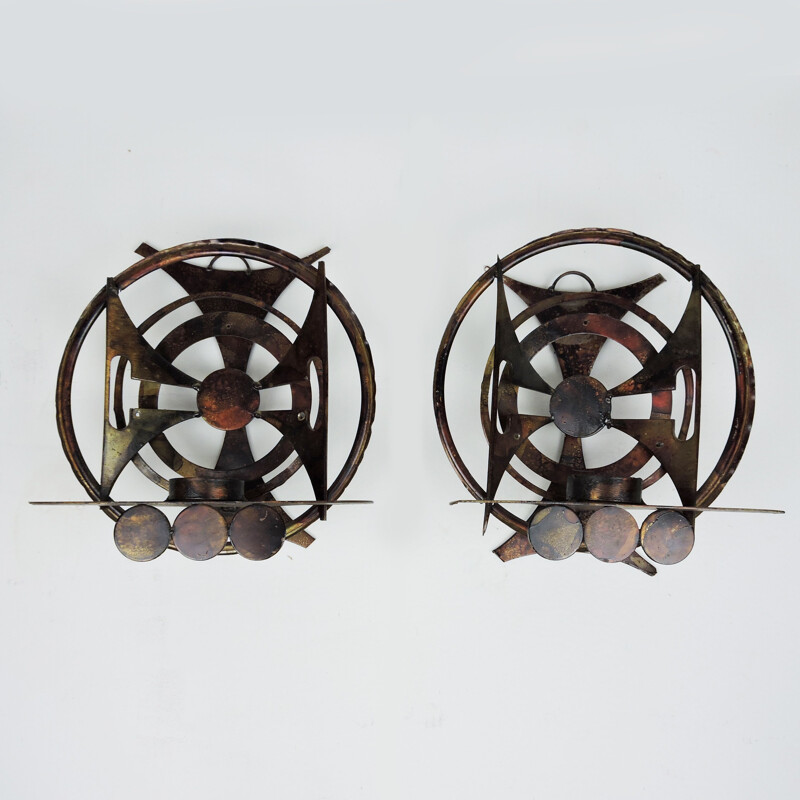 Pair of vintage Brutalist Abstract Iron Candleholder Sconce by Henrik Horst, 1960s