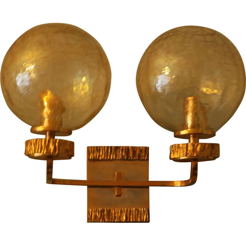 Vintage Wall Light with Gold Overlay, Angelo Brotto for Isperia Brass and Glass Double 1970