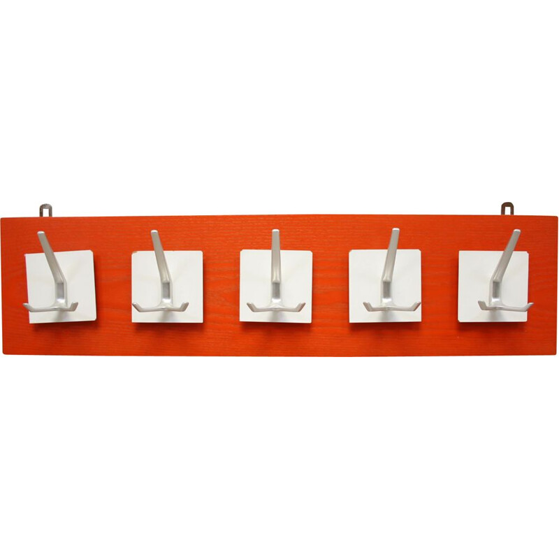 Vintage orange coat rack with 5 white hooks 1960