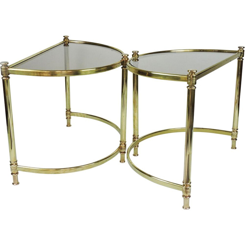 Pair of Vintage Semi Circle Brass Side Tables, Hollywood Regency 1970s