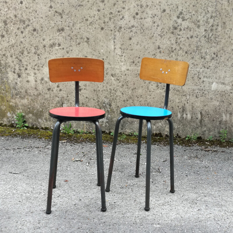 Pair of vintage school chairs colored by De Praetere belgium 1950