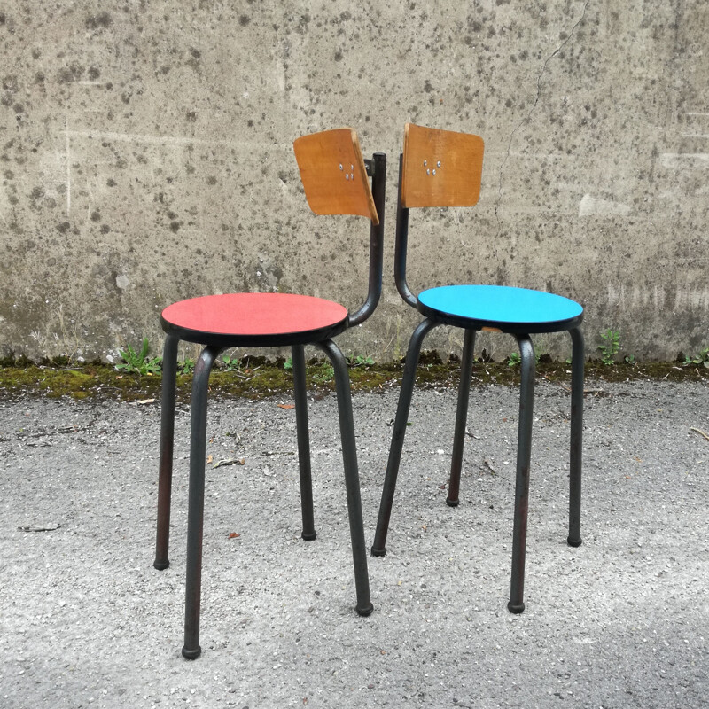 Pair of vintage school chairs colored by De Praetere belgium 1950