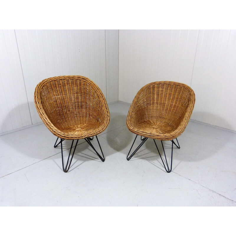 Pair of vintage Cane Children Chairs with Hairpin Legs 1950's