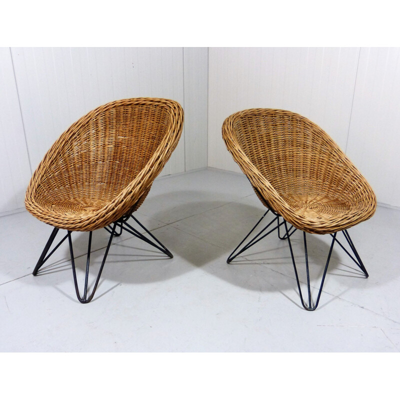 Pair of vintage Cane Children Chairs with Hairpin Legs 1950's