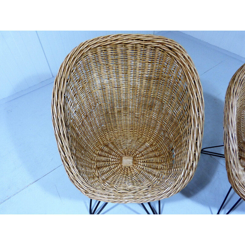 Paire de chaises d'enfant vintage en roseau avec pieds en épingle à cheveux 1950