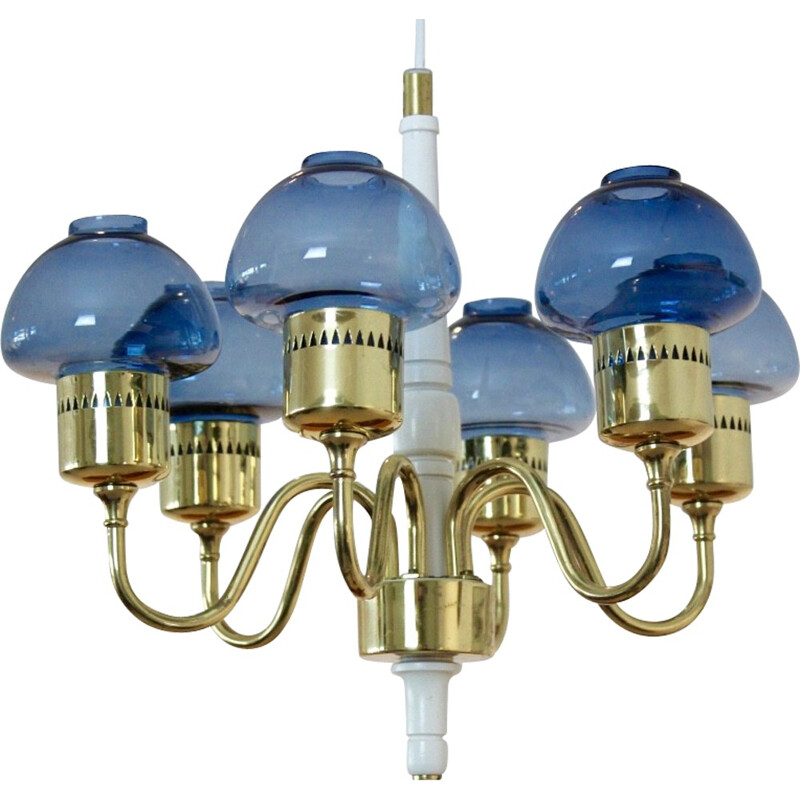 Scandinavian brass and blue blown glass chandelier, Hans AGNE JAKOBSSON - 1960s