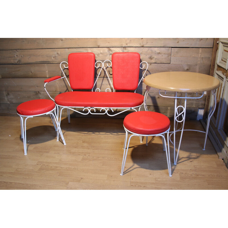 Vintage Red Garden set or balcony set bench with 2 chairs and table 