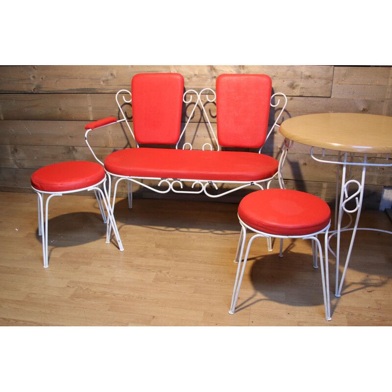 Vintage Red Garden set or balcony set bench with 2 chairs and table 