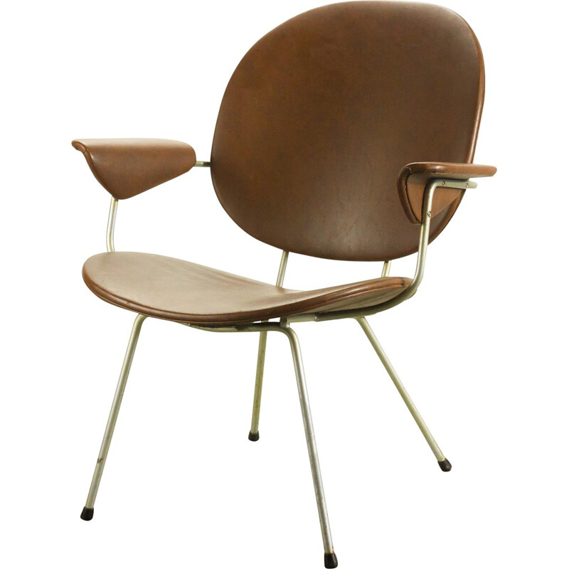 Kembo lounge chair model 302 Triënnale in metal and brown leatherette, W.H. GISPEN - 1950s