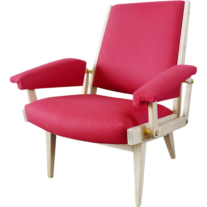 Mid century pink armchair in wood and wool flannel - 1950s