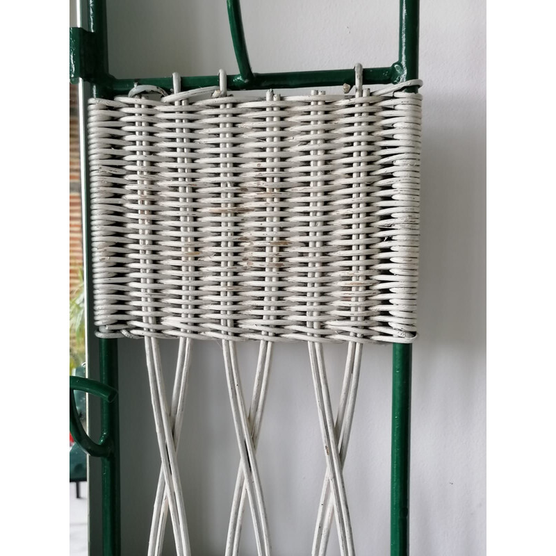 Vintage coat rack in white rattan and green metal with 6 hooks