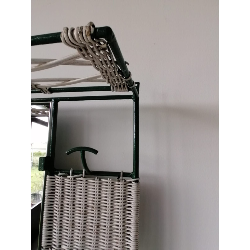 Vintage coat rack in white rattan and green metal with 6 hooks