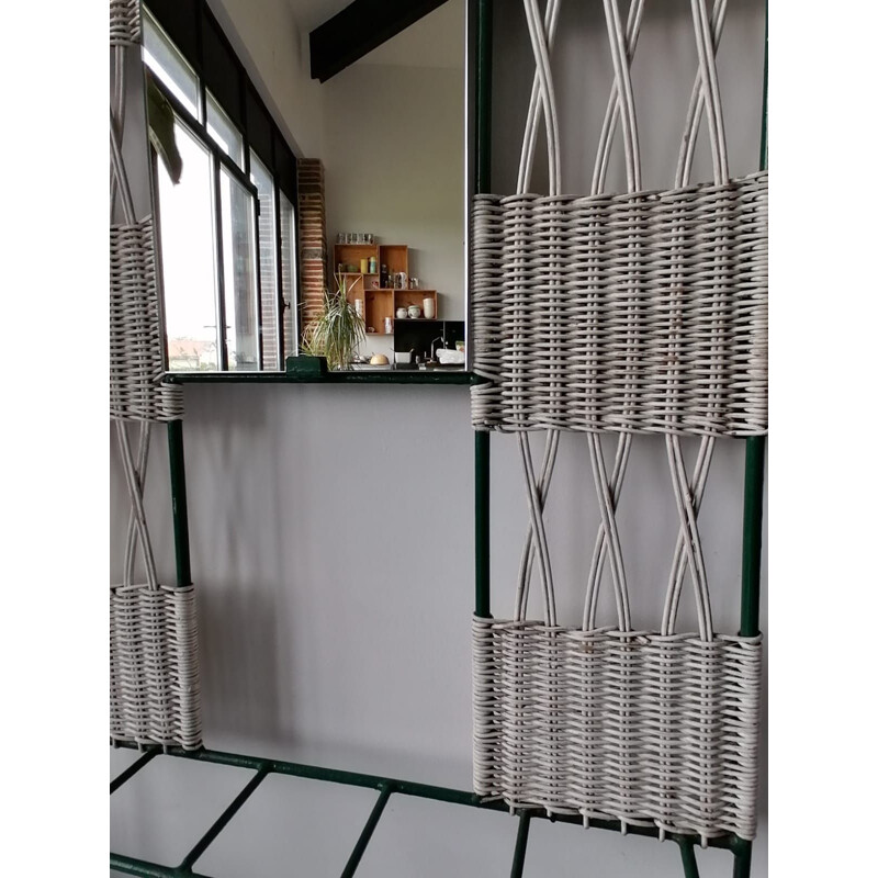 Vintage coat rack in white rattan and green metal with 6 hooks