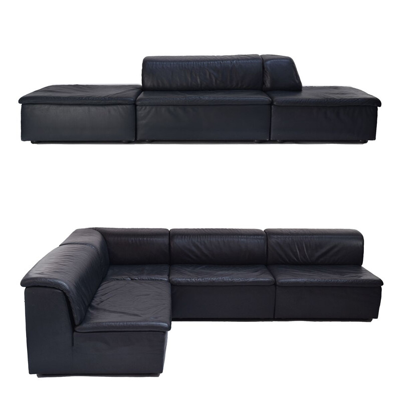 Extra Large vintage Modular Dark Blue Leather Lounge Sofa by Durlet Belgium, 1980s