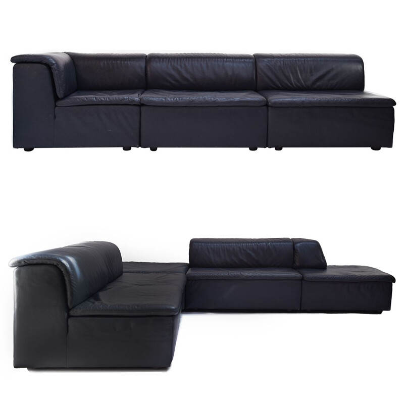 Extra Large vintage Modular Dark Blue Leather Lounge Sofa by Durlet Belgium, 1980s
