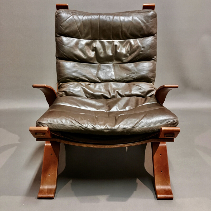 Fauteuil vintage cuir estampille Bramin scandinave 1960