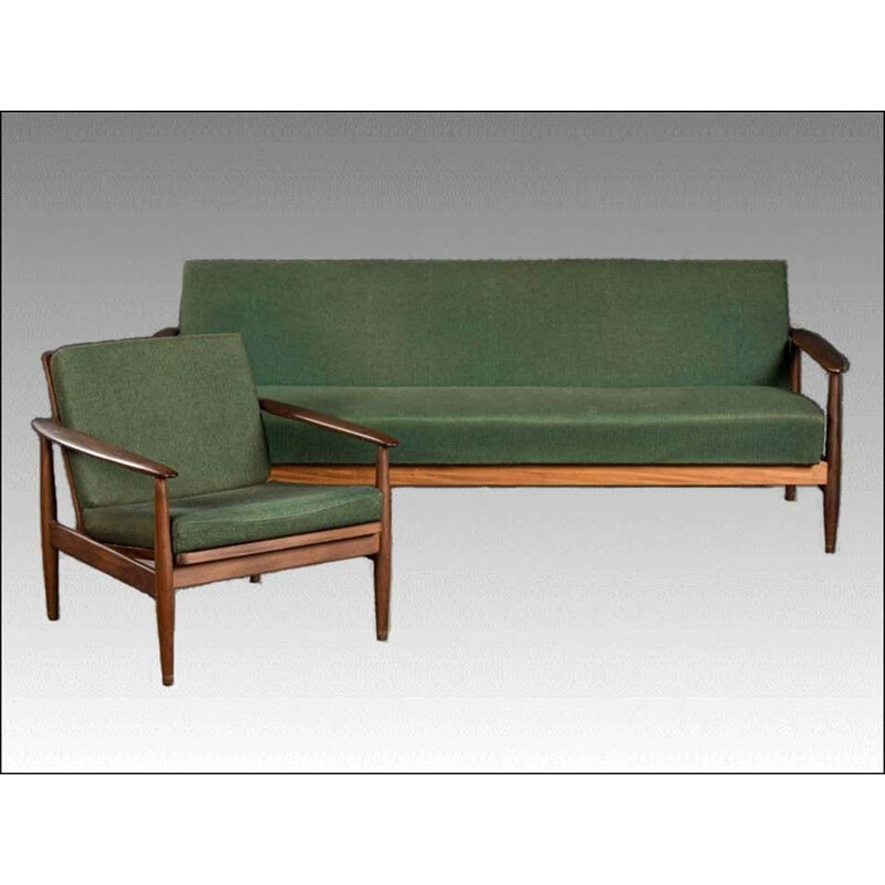 Vintage Sofabed and Armchair in Teak and Green Fabric  1960s