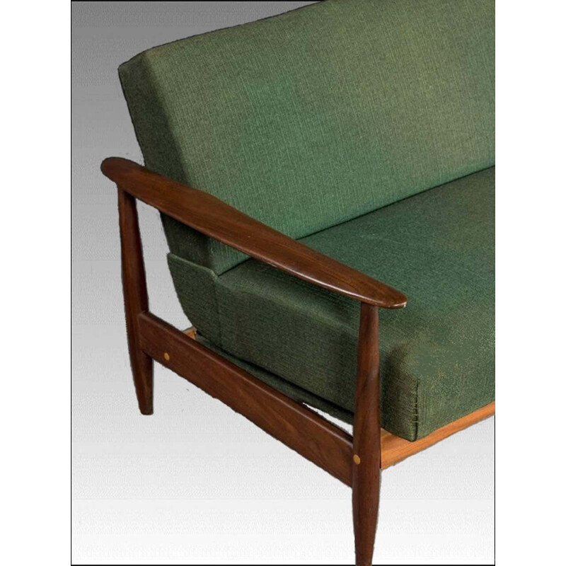 Vintage Sofabed and Armchair in Teak and Green Fabric  1960s
