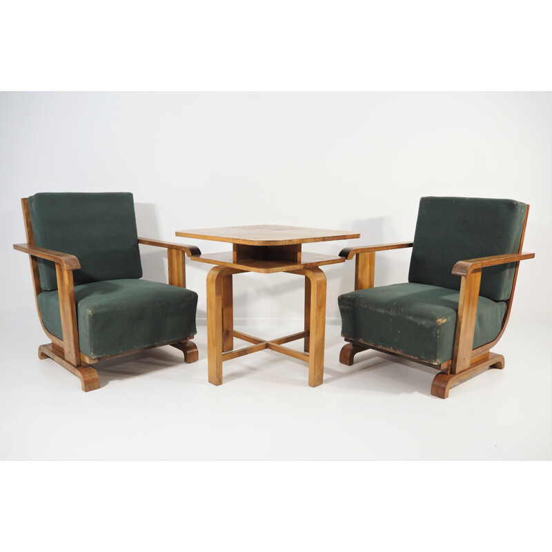 Pair of  armchairs plus a table Art Deco 1940s