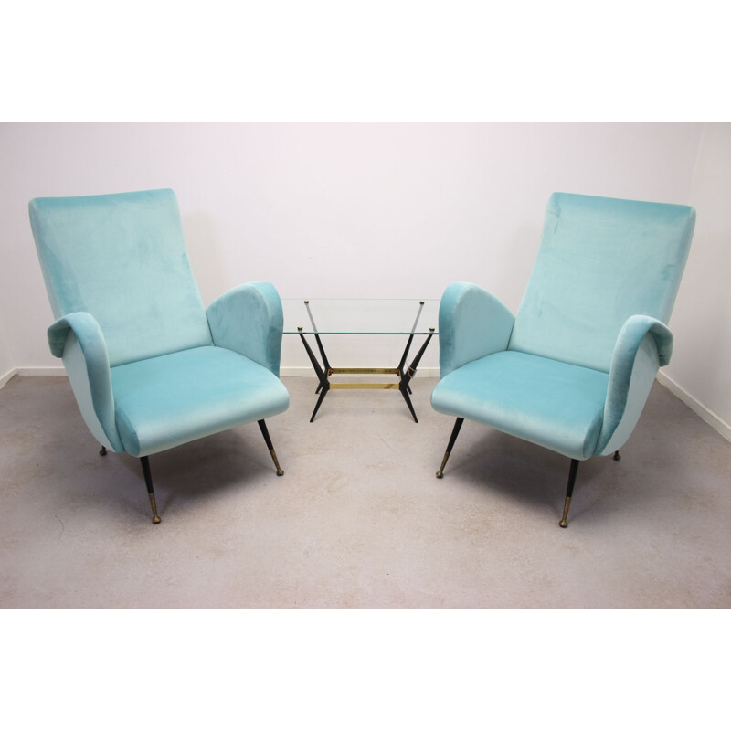 Paire de fauteuils Vintage en velours bleus 1950