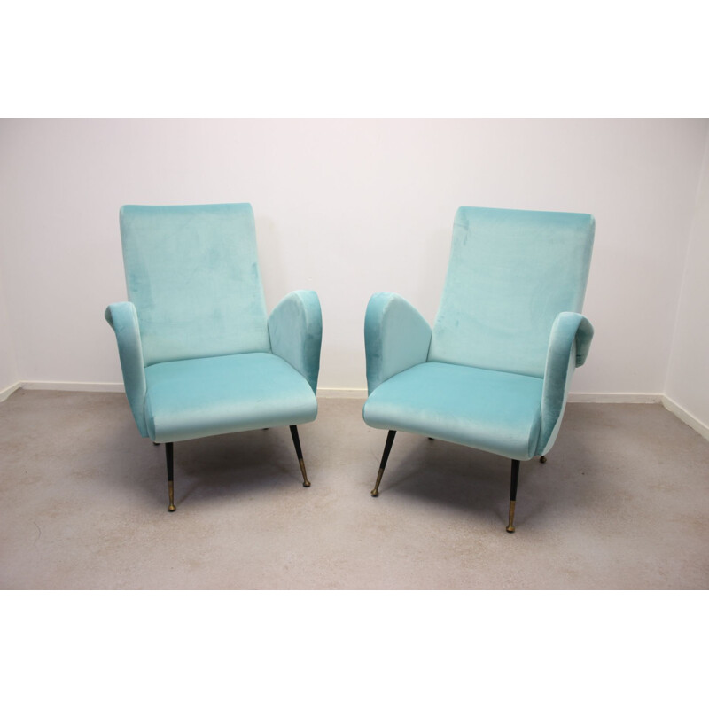 Pair of Vintage blue Armchairs in velvet 1950