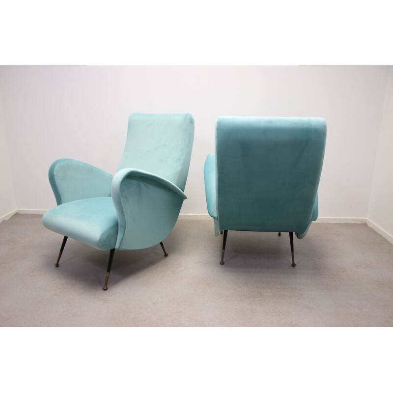 Pair of Vintage blue Armchairs in velvet 1950