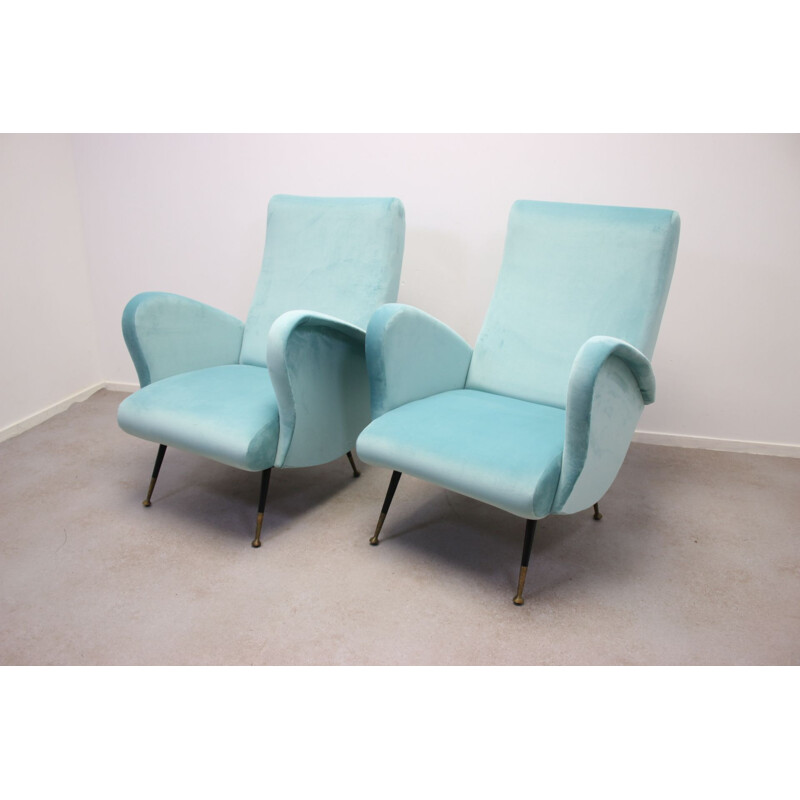 Pair of Vintage blue Armchairs in velvet 1950