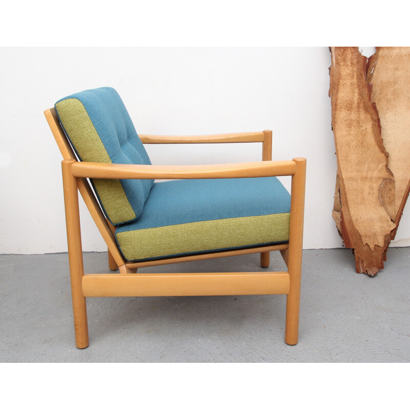 Vintage fauteuil in massief glanzend hout en blauwe en groene stof, 1960