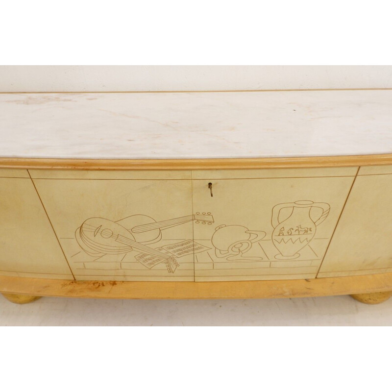 Large Vintage Credenza Incurved In Parchment With Marble Top - Italy 1950