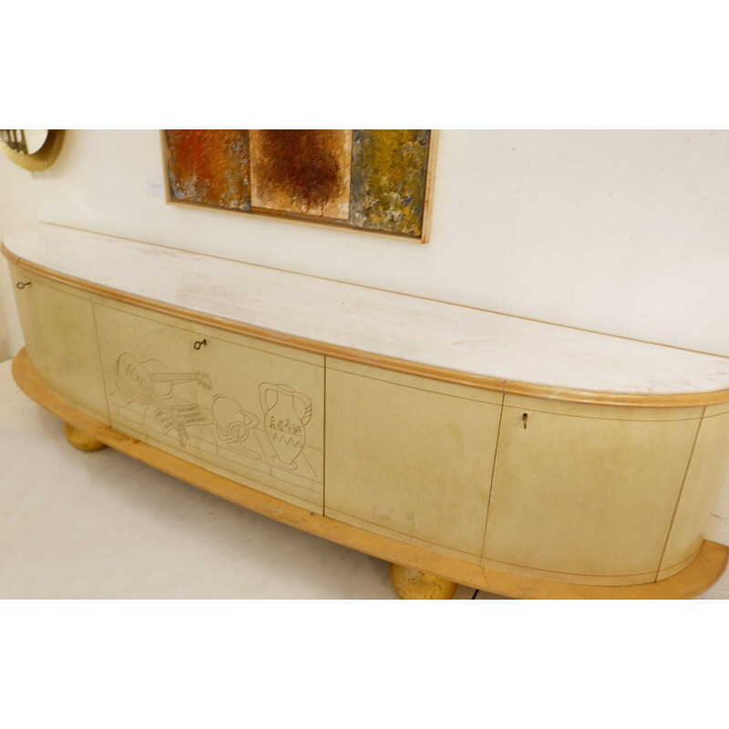 Large Vintage Credenza Incurved In Parchment With Marble Top - Italy 1950