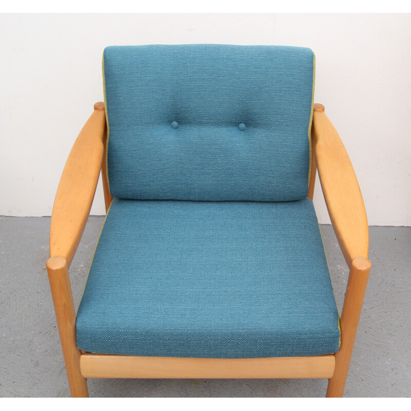 Vintage armchair in solid wood and blue and green fabric, 1960