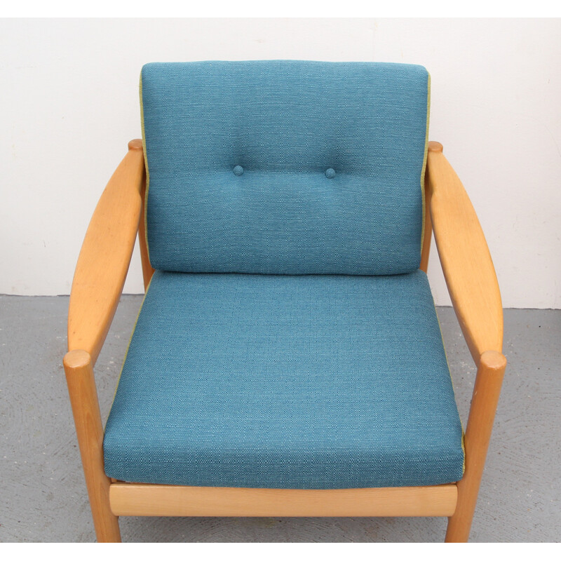 Vintage fauteuil in massief glanzend hout en blauwe en groene stof, 1960