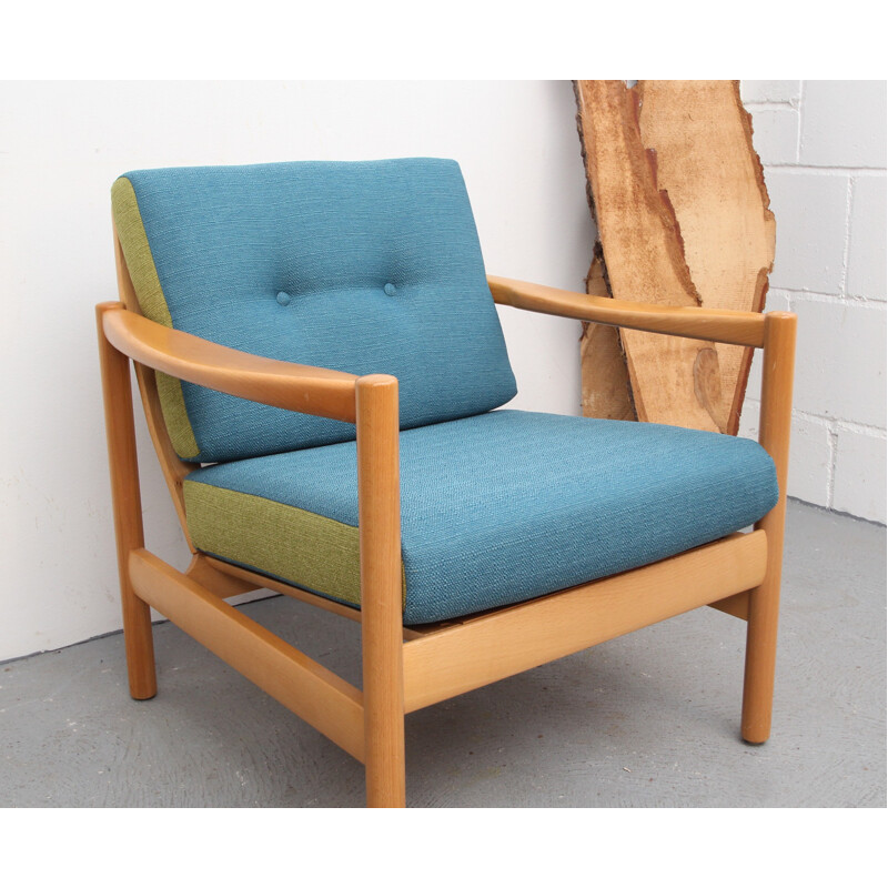 Vintage fauteuil in massief glanzend hout en blauwe en groene stof, 1960