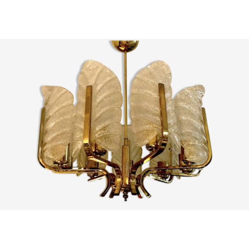 Vintage Carl Fagerlund chandelier by Orrefors with 9 Murano leaves 1960